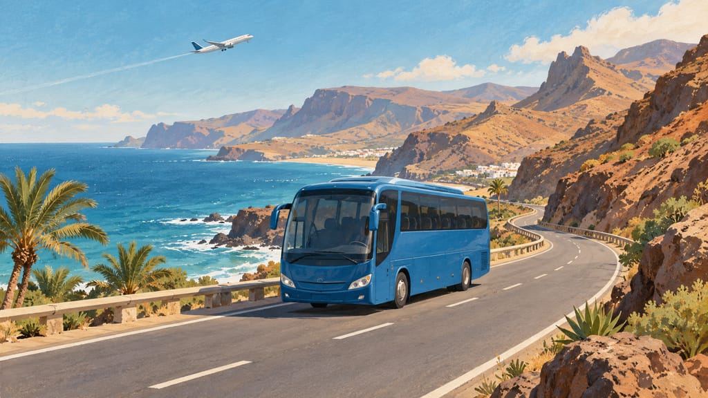 Ilustración de un autobús azul en una carretera costera de Gran Canaria, con un avión despegando