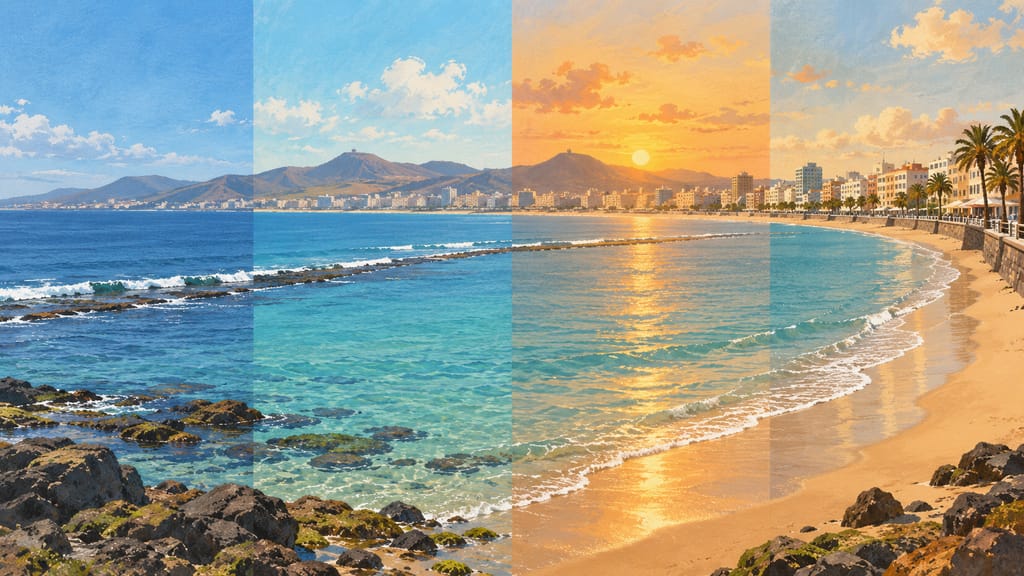 Ilustración de la playa de Las Canteras en cuatro franjas de luz, de la mañana al atardecer