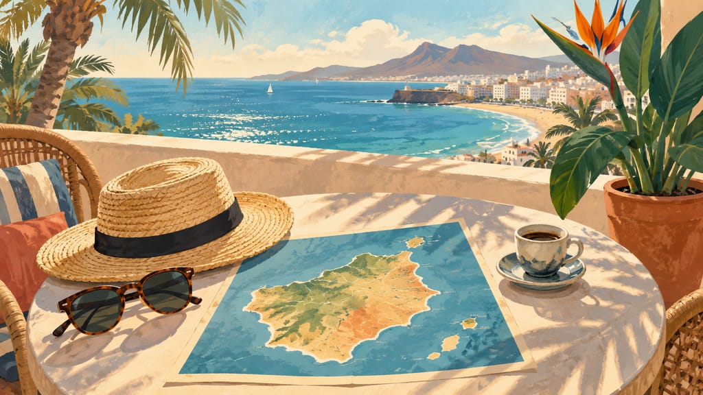 Illustration of a terrace table with a straw hat, sunglasses, a map and a coffee, overlooking the sea