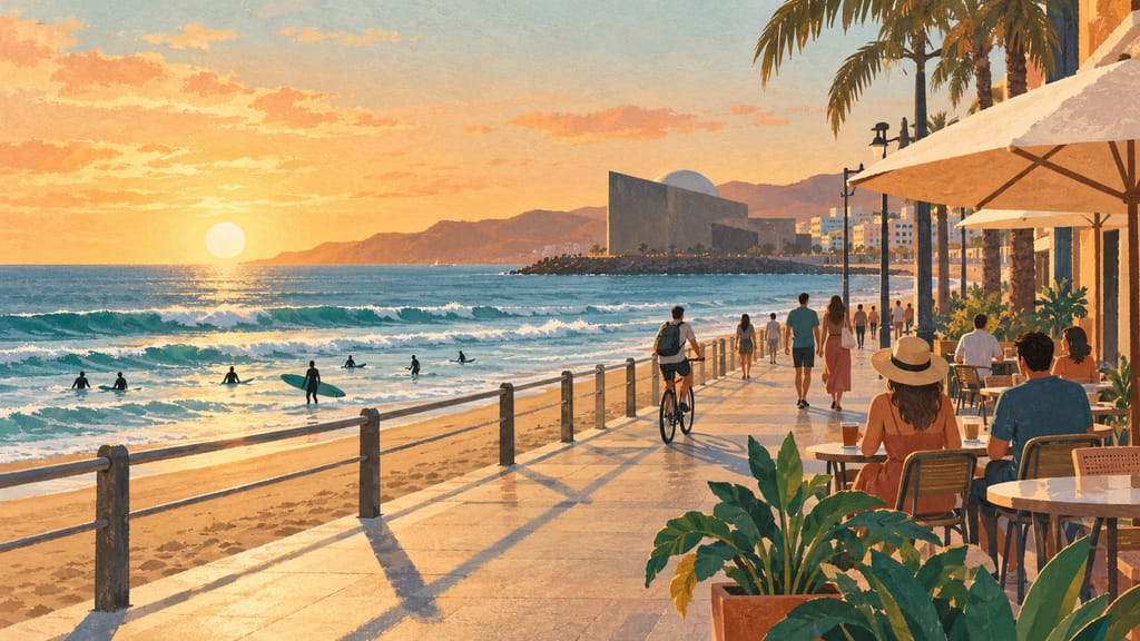 Illustration of the Las Canteras promenade at sunset, with surfers, cyclists and café terraces
