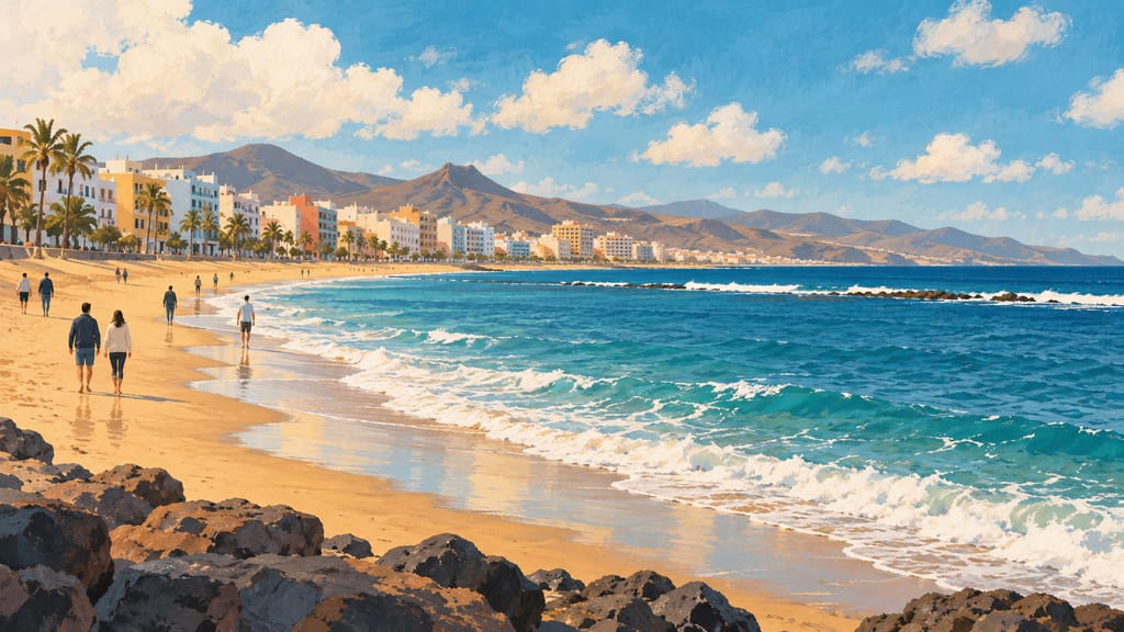 Illustrazione della spiaggia di Las Canteras in una giornata di sole, con persone che passeggiano sulla sabbia